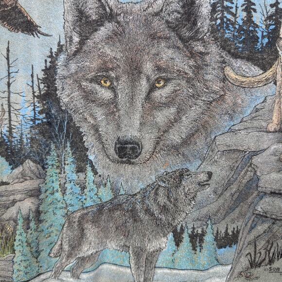 Vintage‎ Sansegal Men's XL Wolf Nature AOP Single Stitch Green Gorp Outdoor USA - Picture 5 of 6